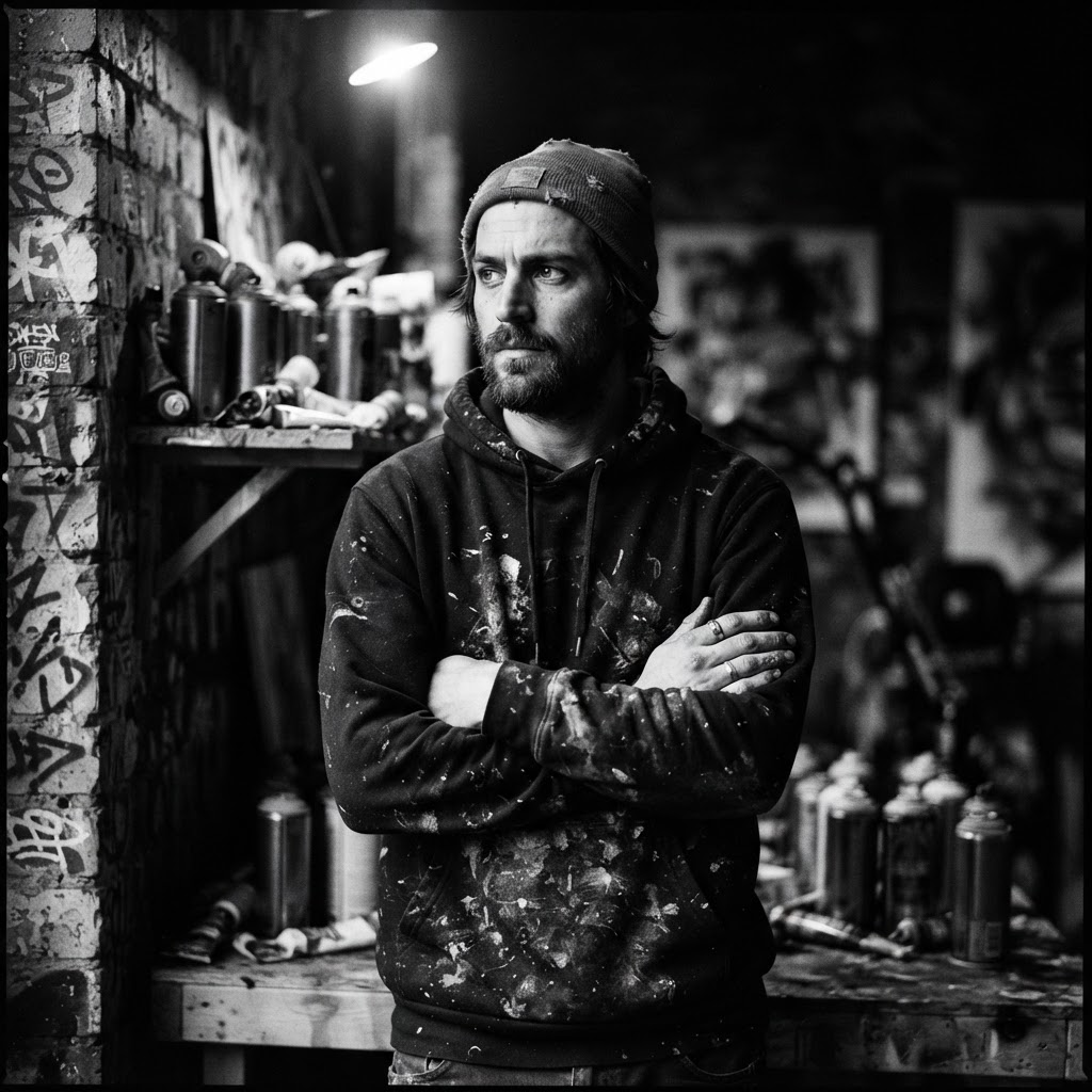 Portrait de l'artiste NØX dans son atelier