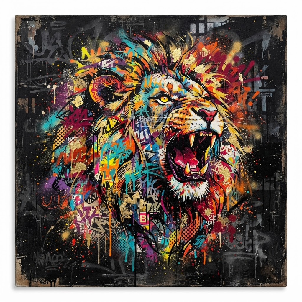 Rugissement — Aérosol, pochoir & feuille d'or sur toile